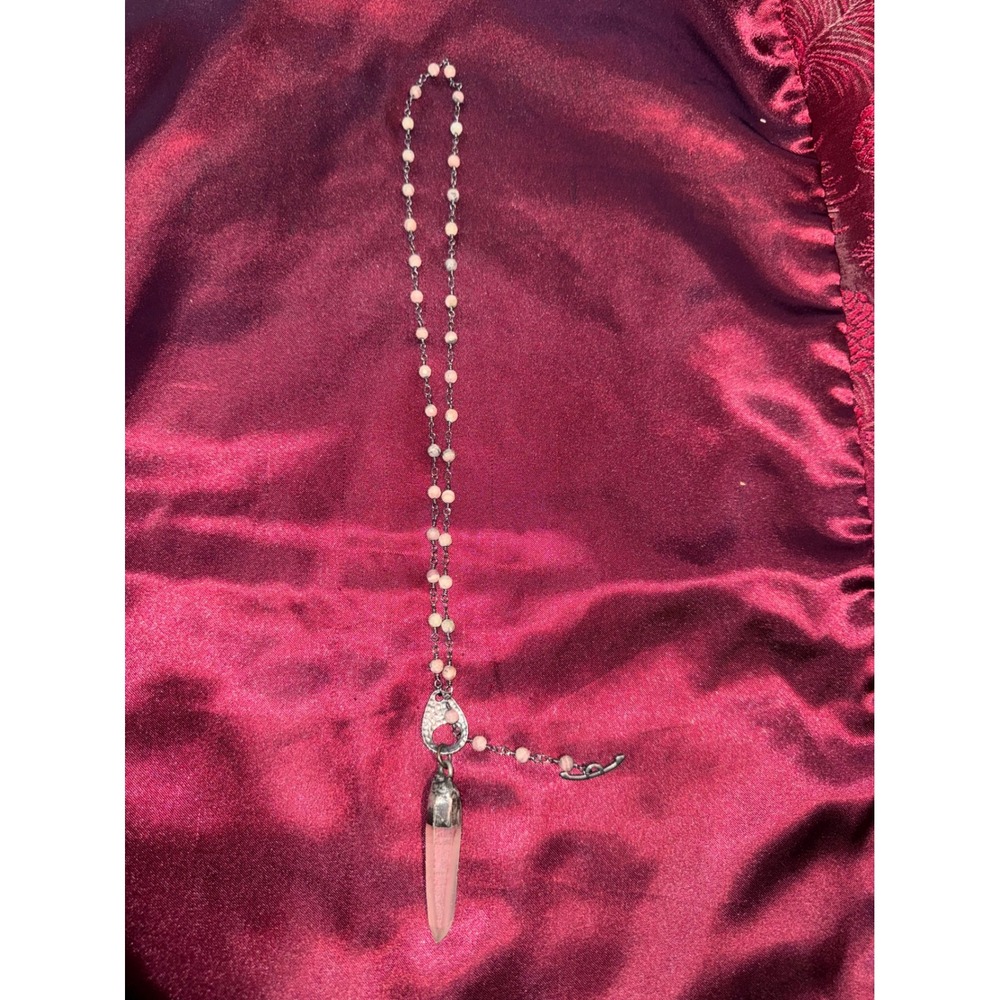 Pink Quartz‎ Crystal Point Beaded Necklace Long Boho Hammered Silver Tone Toggle